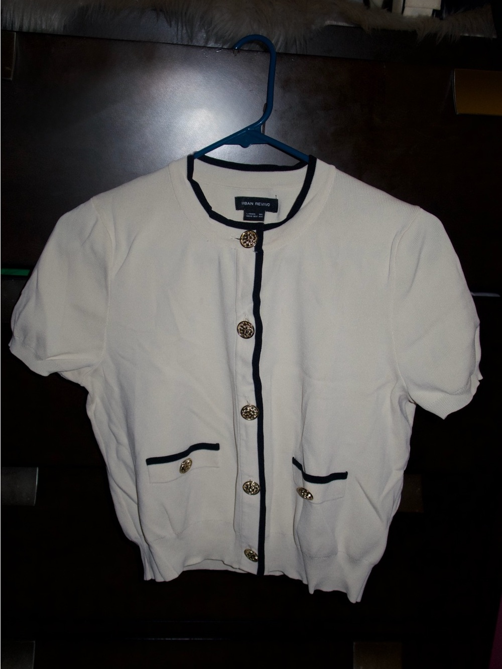 Evan Picone White Short-Sleeve Cardigan with Navy Trim